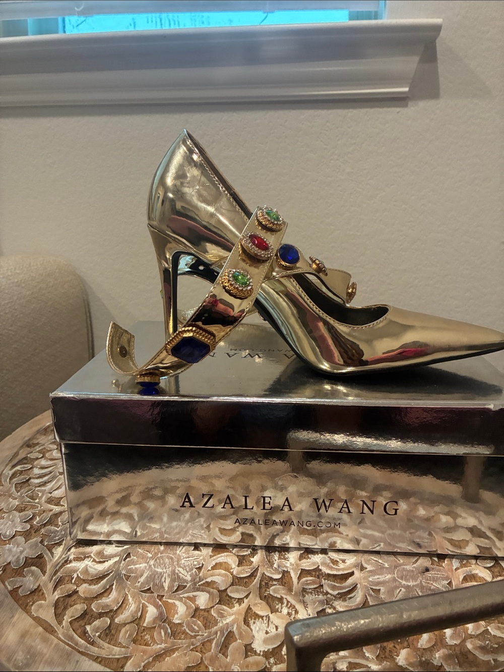 Azalea Wang Metallic Gold Jeweled Pointed-Toe Heels